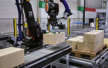 Endüstriyel robot kolu üretim hattında taşıyıcıya karton yüklüyor.