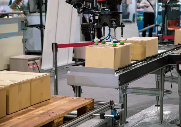 Caja Carga Brazo Robot Industrial Cinta Transportadora Línea Producción Fabricación —  Fotos de Stock