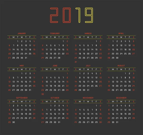 2019 Calendar Isolated Black Background — Stock Vector