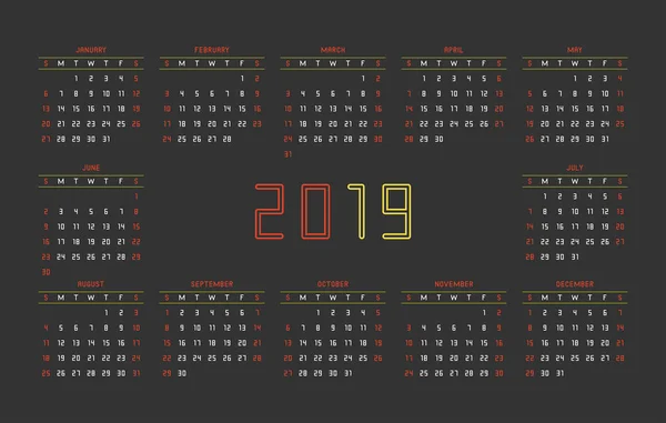 2019 Kalender Geïsoleerd Zwarte Achtergrond — Stockvector