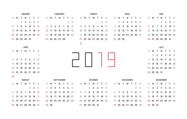 2019 Kalender Geïsoleerd Witte Achtergrond — Stockvector