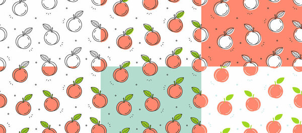 Set of Peaches seamless pattern. Vector illustration