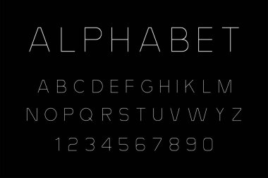 Beyaz yazı tipi ve alfabe. Siyah arka plan üzerine izole