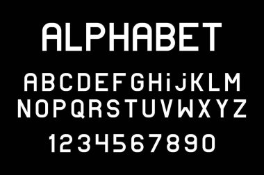 Beyaz yazı tipi ve alfabe. Siyah arka plan üzerine izole