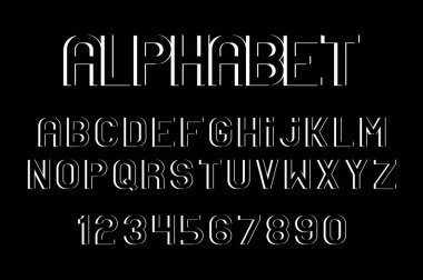 Beyaz yazı tipi ve alfabe. Siyah arka plan üzerine izole