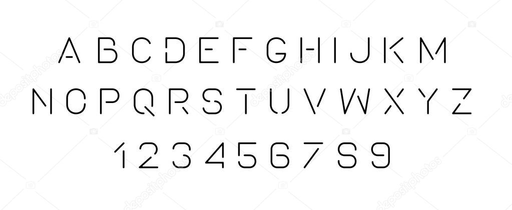 Black of stylized modern font and alphabet. Isolated on White background