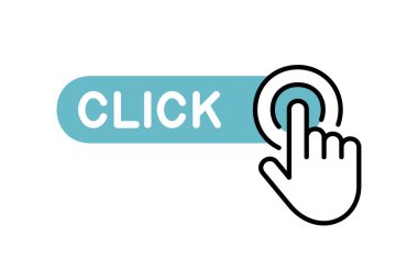 Click here button with hand icon. Isolated on White background clipart