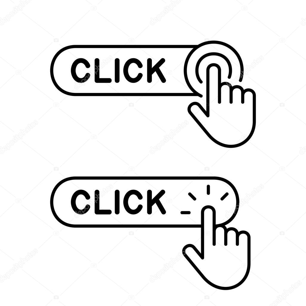 Set of Click here button with hand icon. Isolated on White background