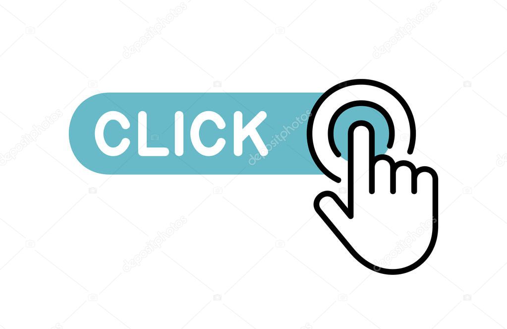 Click here button with hand icon. Isolated on White background