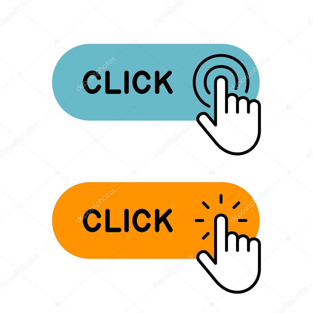 Set of Click here button with hand icon. Isolated on White background