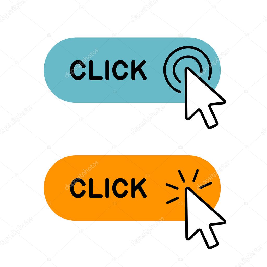 Set of Click here button with Cursor icon. Isolated on White background