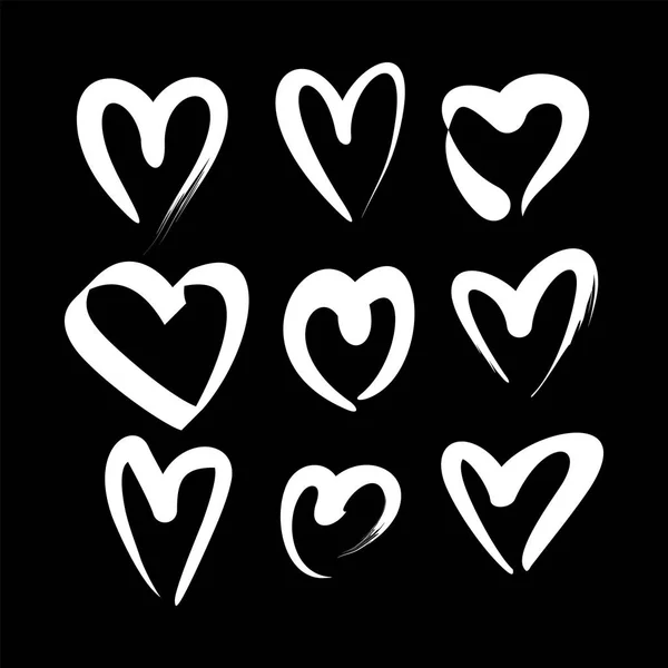Set Von Weißen Handgezeichneten Herzen Isoliert Auf Schwarzem Hintergrund — Stockvektor