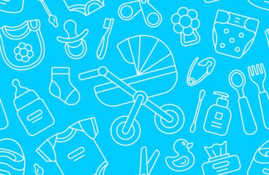 Bebek şeyler ile Seamless modeli. üzerinde mavi arka plan izole