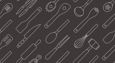 Mutfak gereçleri ile Seamless modeli. siyah arka plan üzerine izole