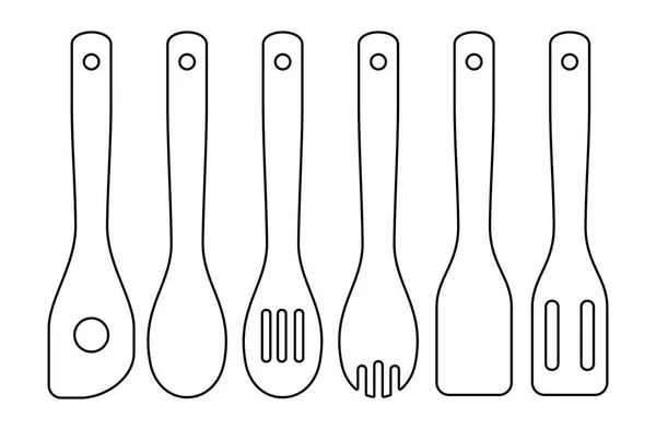 Set Houten Keukengerei Geïsoleerd Witte Achtergrond — Stockvector