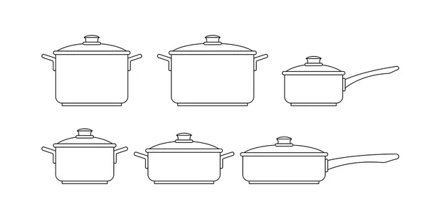Conjunto Ollas Sartenes Aislado Sobre Fondo Blanco — Archivo Imágenes Vectoriales