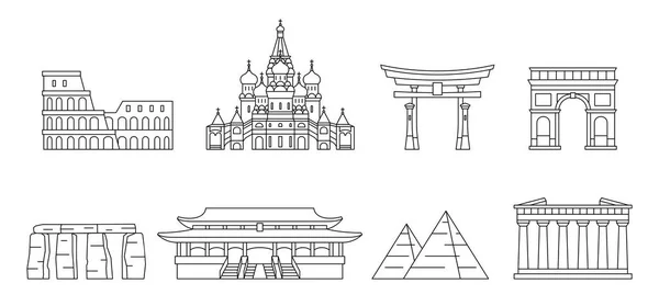 Pictogrammen Van Monumenten Van Wereld Geïsoleerd Witte Achtergrond — Stockvector