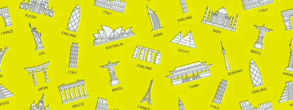 Modèle Sans Couture Avec Monuments Monde Isolé Sur Fond Jaune — Image vectorielle