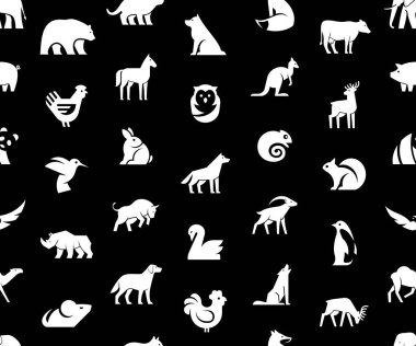 Animals logoları ile dikişsiz desen. Siyah arka planda yalıtılmış
