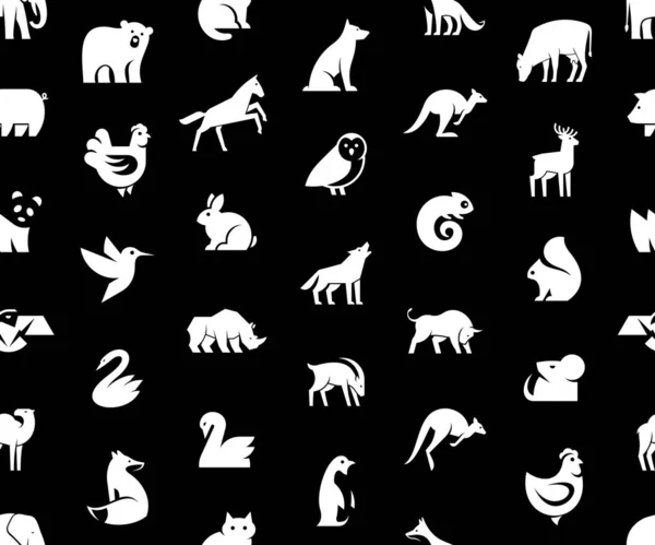 Patrón Sin Costuras Con Logotipos Animales Aislado Sobre Fondo Negro — Archivo Imágenes Vectoriales