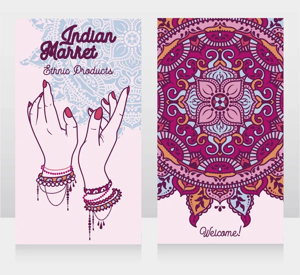 Dos Tarjetas Para Mercado Indio Con Mandala Tradicional Manos Femeninas — Vector de stock