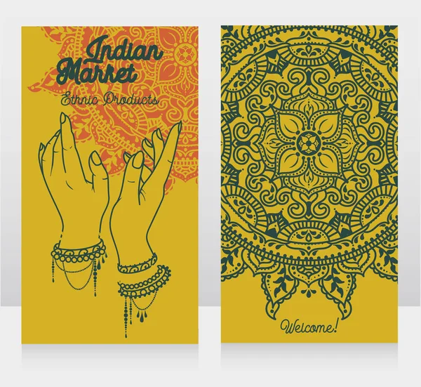 Dos Tarjetas Para Mercado Indio Con Mandala Tradicional Manos Femeninas — Archivo Imágenes Vectoriales