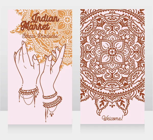 Two Cards Indian Market Traditional Mandala Female Hands Can Used — Stock Vector