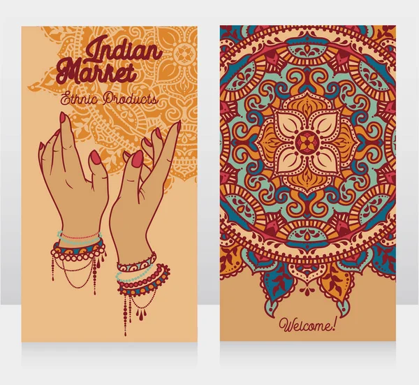 Dos Tarjetas Para Mercado Indio Con Mandala Tradicional Manos Femeninas — Vector de stock