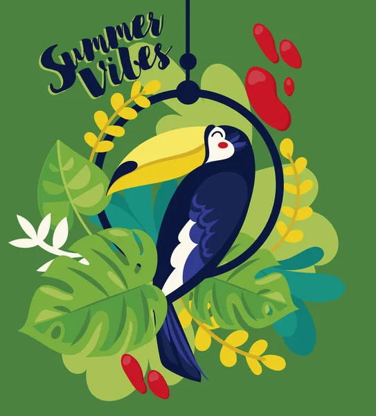 Summer Vibes Banner Toucan Tropical Plants Cartoon Flat Style Bright — Stock Vector