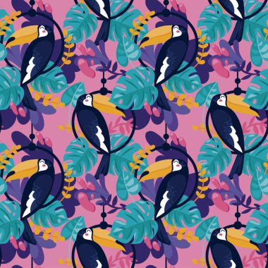 Toucan ve tropik bitkiler, ile Seamless modeli düz stil ve parlak palet, vektör çizim karikatür