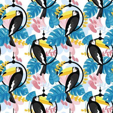 Toucan ve tropik bitkiler, ile Seamless modeli düz stil ve parlak palet, vektör çizim karikatür