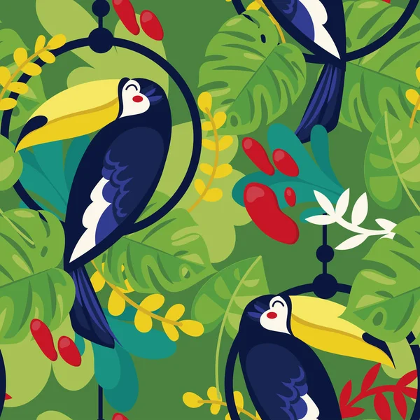 Seamless Pattern Toucan Tropical Plants Cartoon Flat Style Bright Palette — Stock Vector