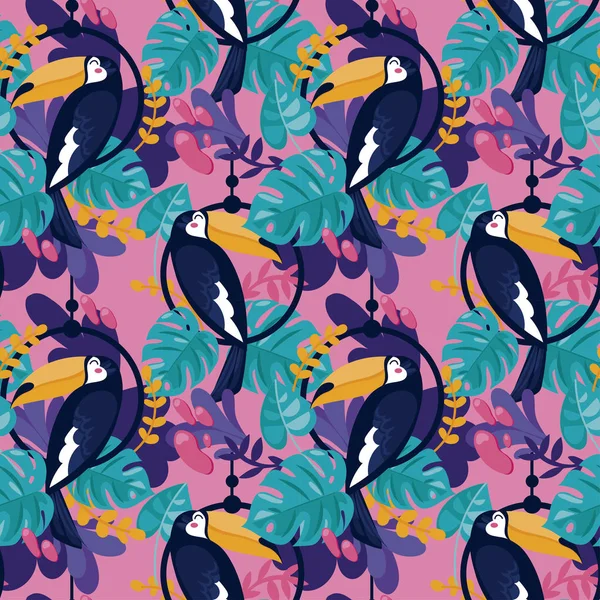 Seamless Pattern Toucan Tropical Plants Cartoon Flat Style Bright Palette — Stock Vector