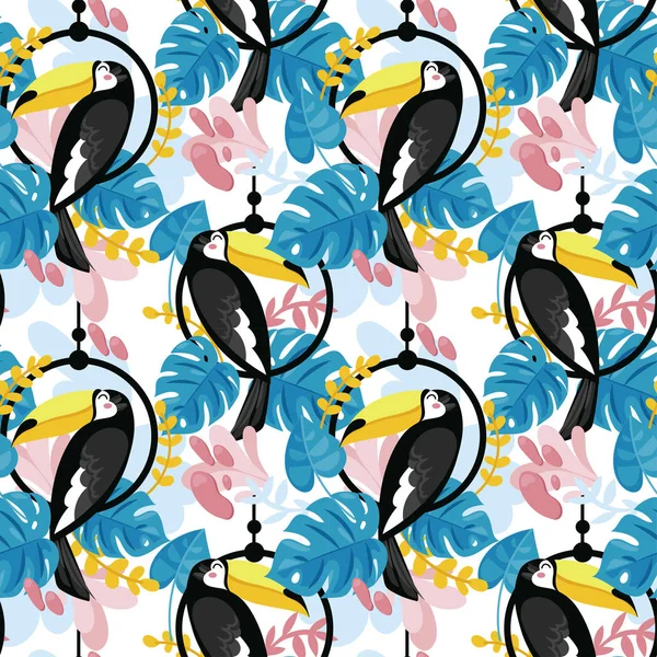 Seamless Pattern Toucan Tropical Plants Cartoon Flat Style Bright Palette — Stock Vector