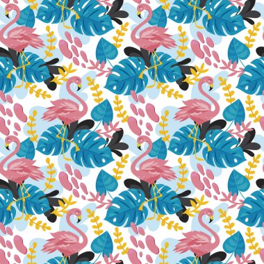 Pembe flamingo ve monstera yaprakları, sorunsuz arka plan düz stil ve parlak palet, vektör çizim karikatür