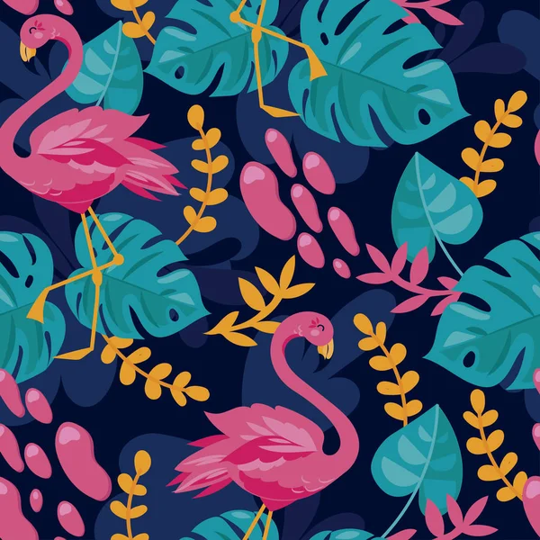 Naadloze Achtergrond Met Roze Flamingo Monstera Bladeren Cartoon Vlakke Stijl — Stockvector