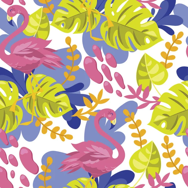 Fundo Sem Costura Com Flamingo Rosa Monstera Folhas Desenho Animado —  Vetores de Stock