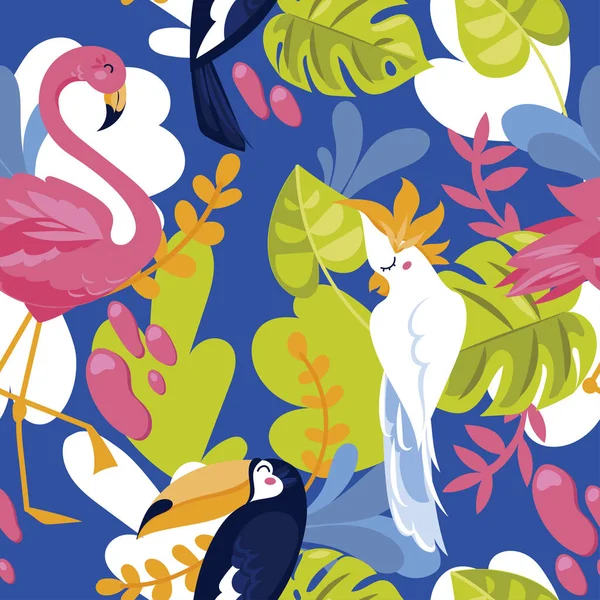 Motif Sans Couture Avec Oiseaux Tropicaux Plantes Tropicales Dessin Animé — Image vectorielle