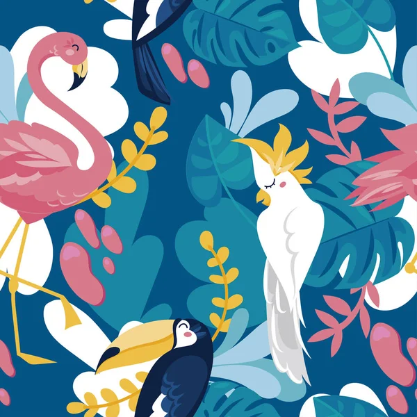 Wzór Tropikalnych Ptaków Roślin Tropikalnych Kreskówki Płaski Jasne Palety Ilustracji — Wektor stockowy