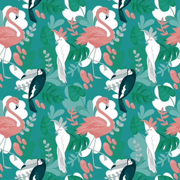 Nahtloses Muster Mit Tropischen Vögeln Und Tropischen Pflanzen Cartoon Flach — Stockvektor