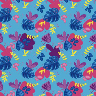 Monstera yaprakları ve tropik bitkiler, ile Seamless modeli düz stil ve parlak palet, vektör çizim karikatür