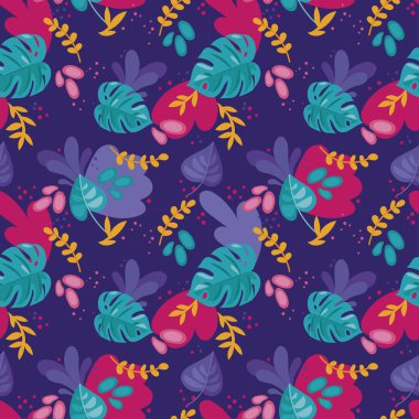 Monstera yaprakları ve tropik bitkiler, ile Seamless modeli düz stil ve parlak palet, vektör çizim karikatür