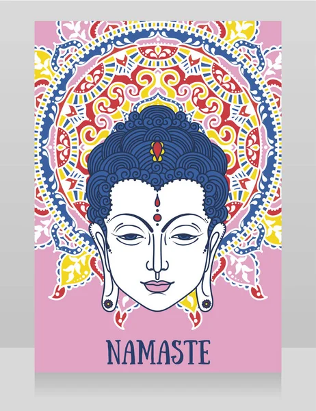 海报与佛头和美丽的曼荼罗 可以用作贺卡为佛生日或作为旗帜的瑜伽工作室 矢量插图 — 图库矢量图片