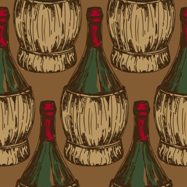 seamless modeli ile eski şarap şişeleri, İtalyan tarzında örgülü şişe şarap tadımı, vektör çizim kroki tarzı için kullanılabilir