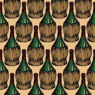 seamless modeli ile eski şarap şişeleri, İtalyan tarzında örgülü şişe şarap tadımı, vektör çizim kroki tarzı için kullanılabilir