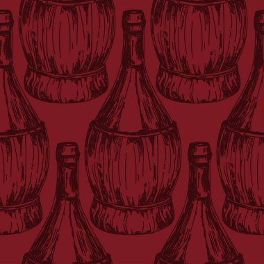seamless modeli ile eski şarap şişeleri, İtalyan tarzında örgülü şişe şarap tadımı, vektör çizim kroki tarzı için kullanılabilir