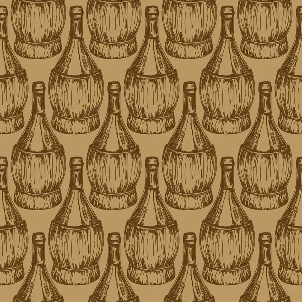 Modello Senza Cuciture Con Bottiglie Vino Vecchio Stile Bottiglia Intrecciata — Vettoriale Stock