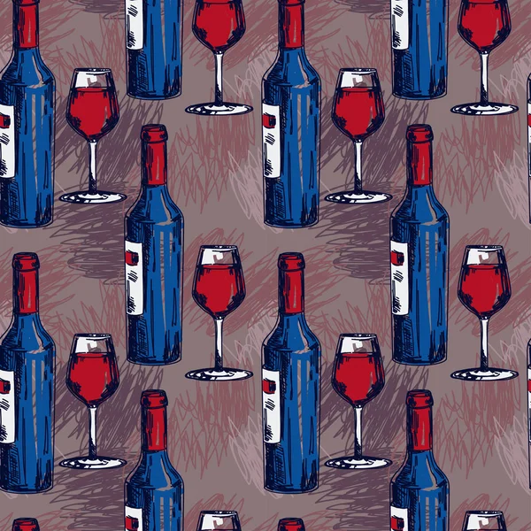 无缝图案配酒瓶和酒杯 可用于品酒 矢量插画的素描风格 — 图库矢量图片