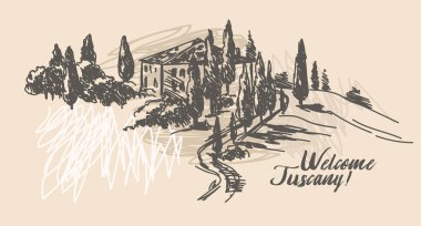 Klasik Tuscany peyzaj kroki tarzı, vektör çizim