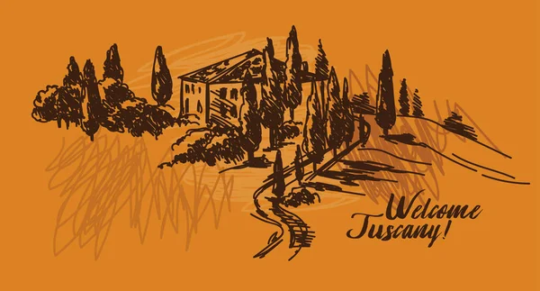 Klassiska Tuscany Lanscape Skiss Stil Vektorillustration — Stock vektor